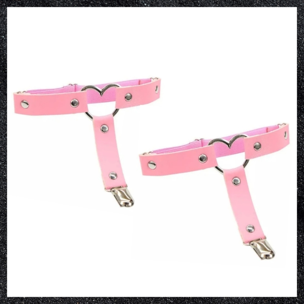 Pink Studded Heart Leather Thigh Garter Harness Pair Set